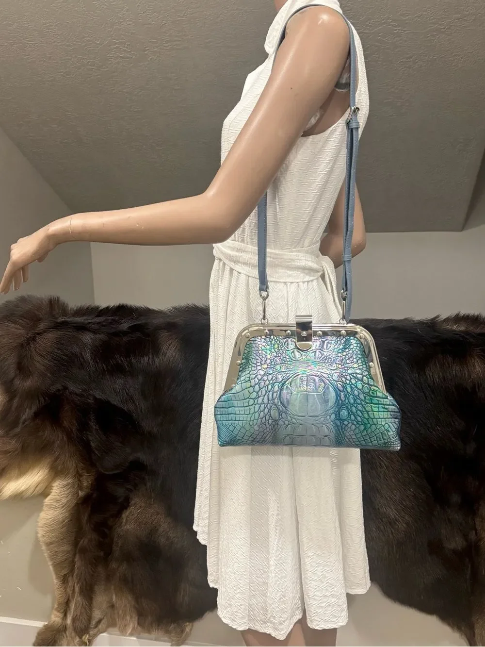 Iridescent Croc-Embossed Cowhide Handmade Unique Rivet Frame Bag, Large Size